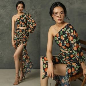 NEW Sau Lee Dress‎ Black Floral One Shoulder Cut Out Cocktail Maxi Dress Sz 2